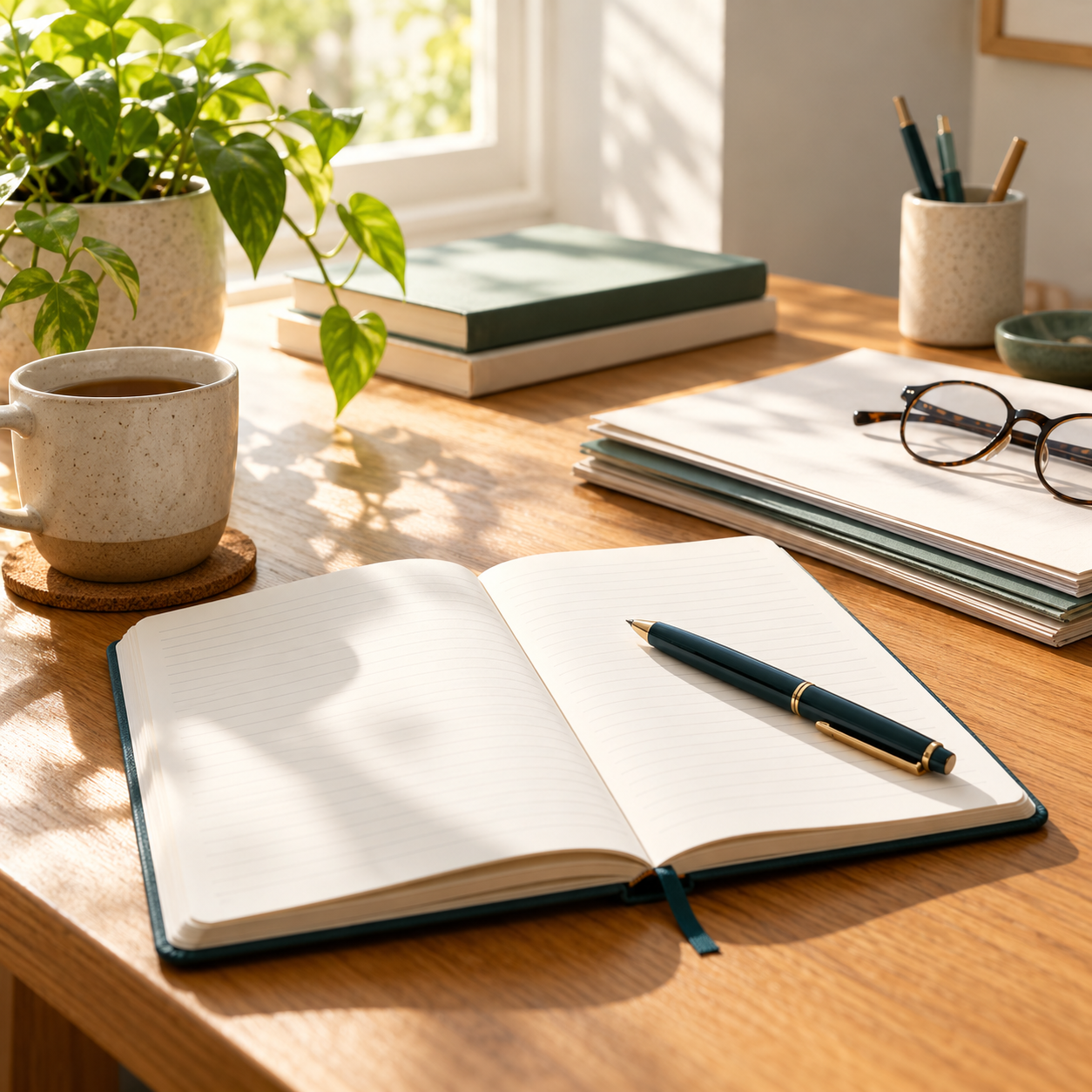 Open notebook and pen beside neatly arranged papers on a sunlit desk